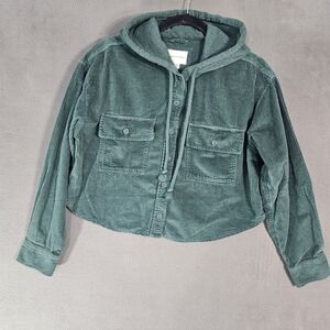 American Eagle Womens Small Corduroy Shacket Button Up Hooded Crop Oversized